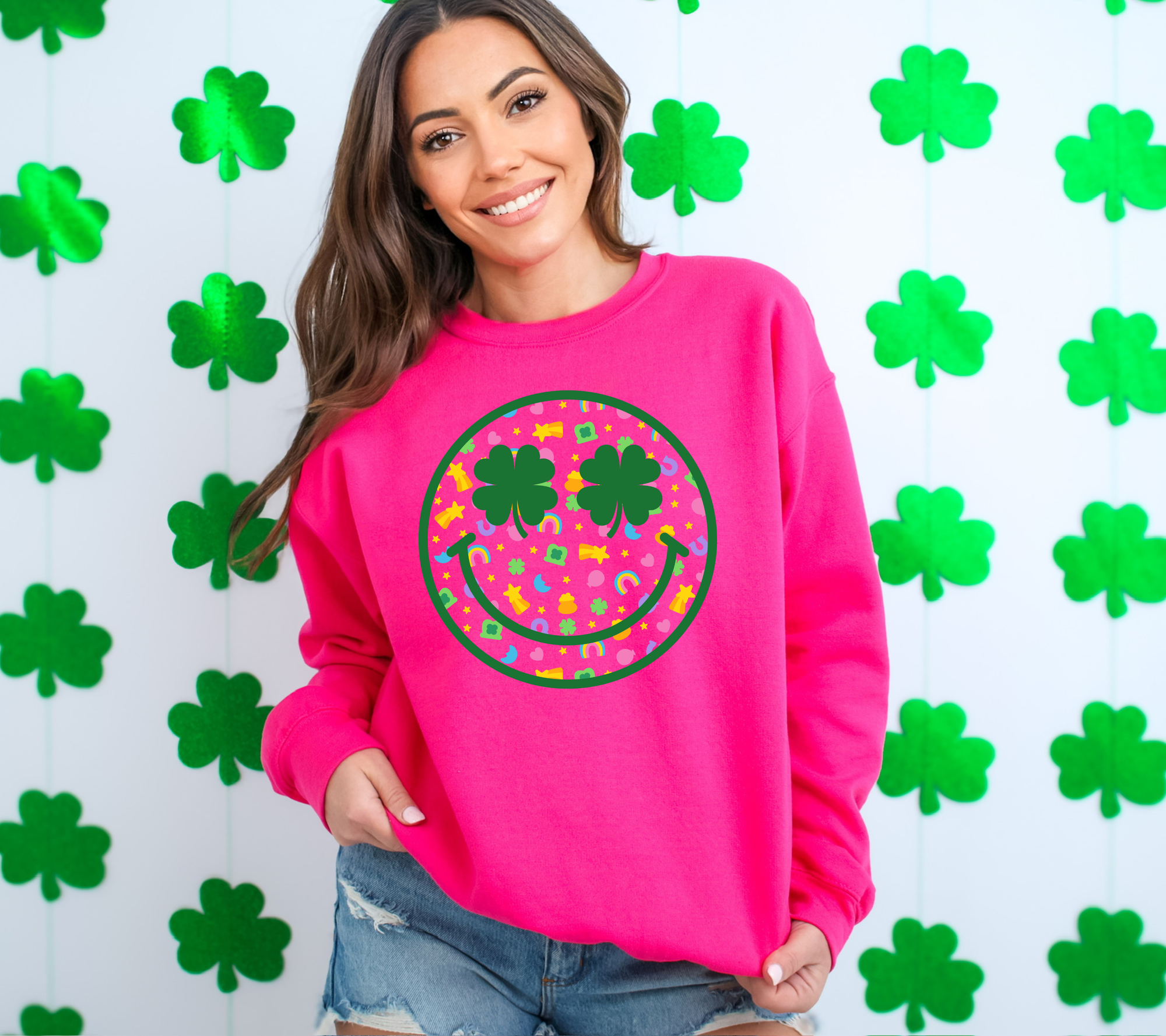 St Patty’s Smiley Shamrock Eyes Heliconia Sweatshirt