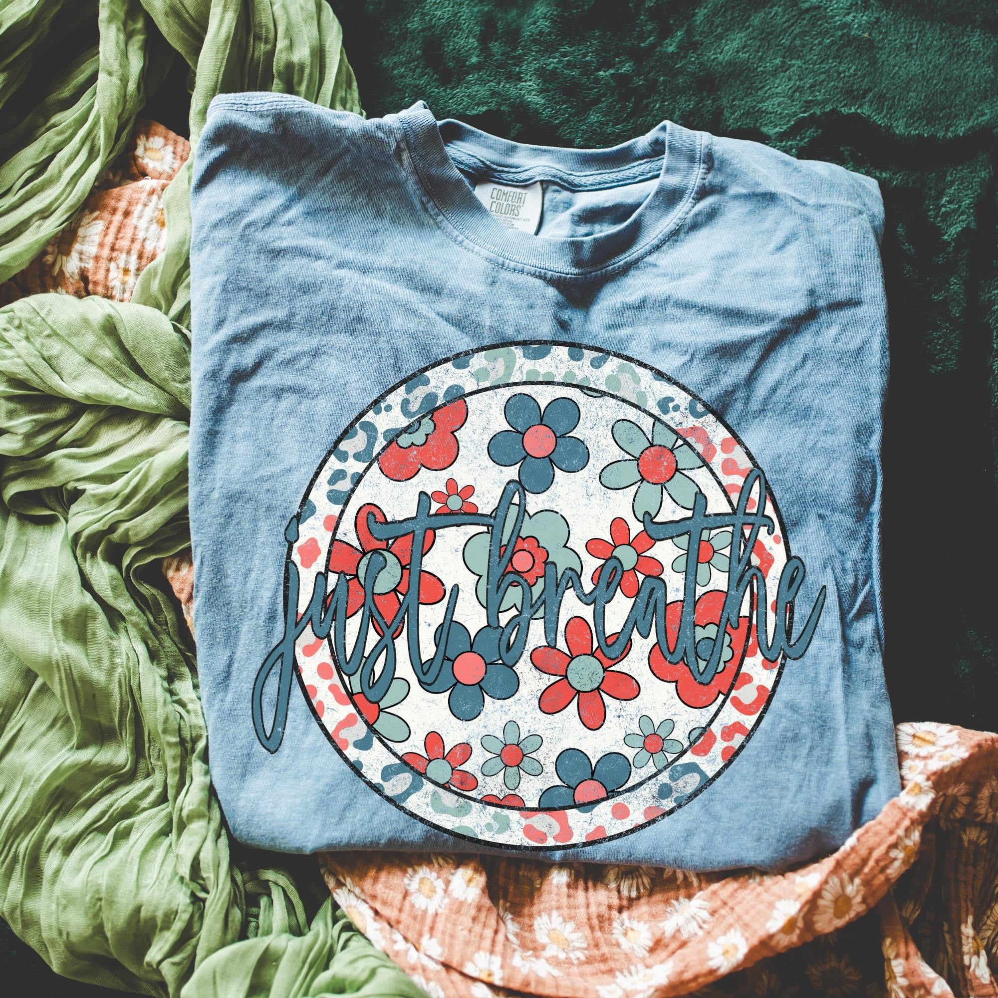 Just Breathe Circle Floral Script Ice Blue Tee