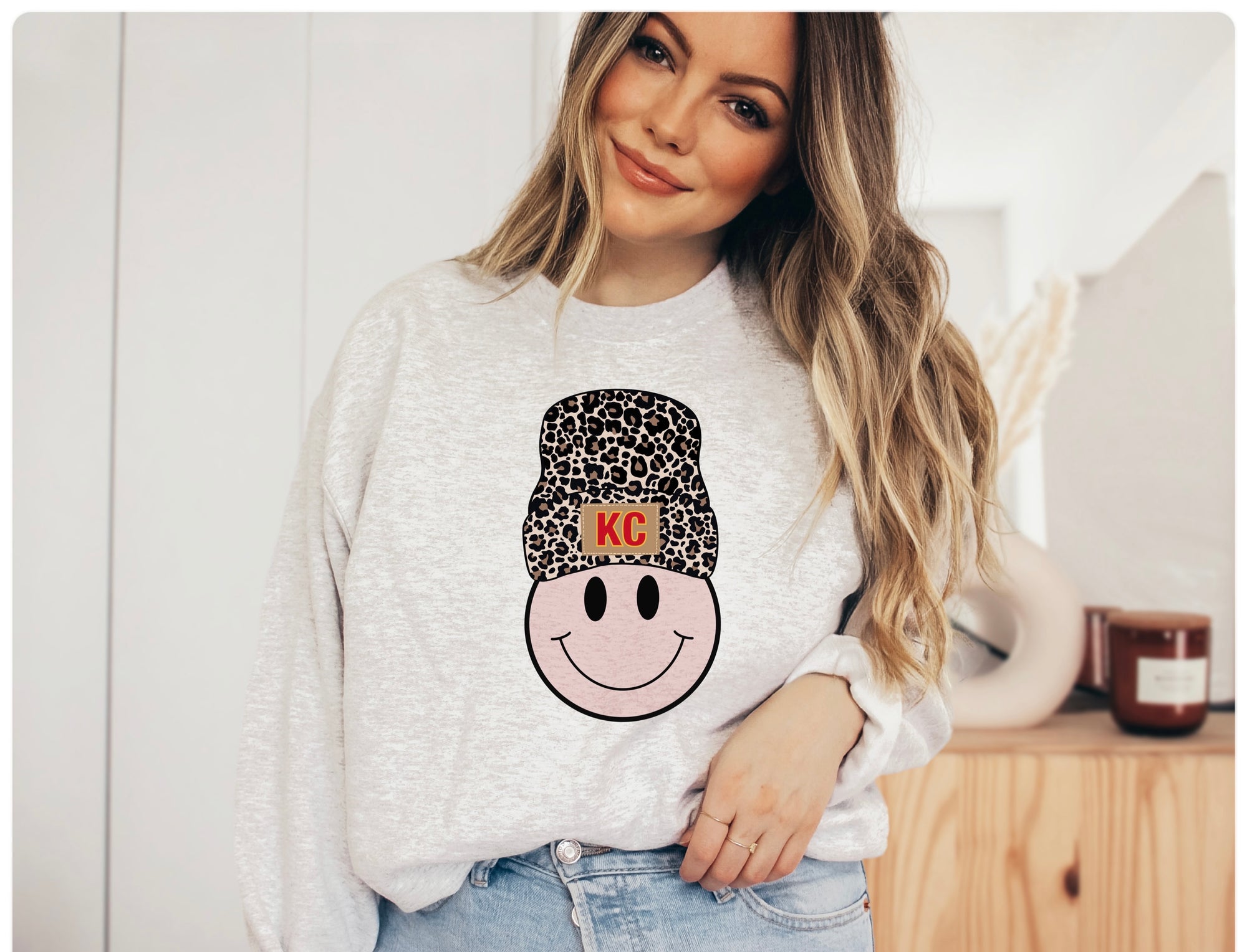 **KC Leopard Hat Smiley Ash Sweatshirt