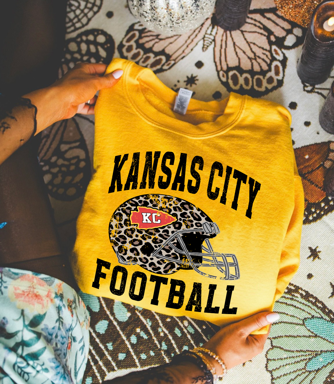 **DEAL OF THE DAY** Distressed Leopard KC Helmet Football Gold Sweatshirt