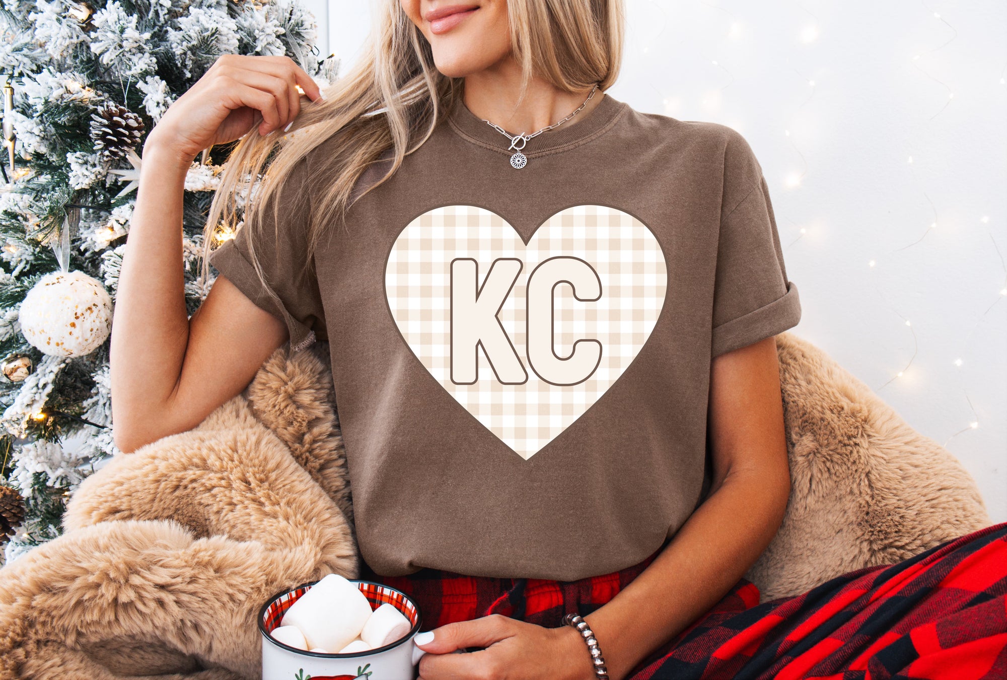 Neutral Checkered KC Heart Espresso Tee