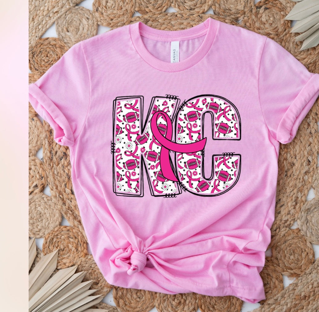 KC Pink Football & Ribbons Heather Bubble Gum Tee