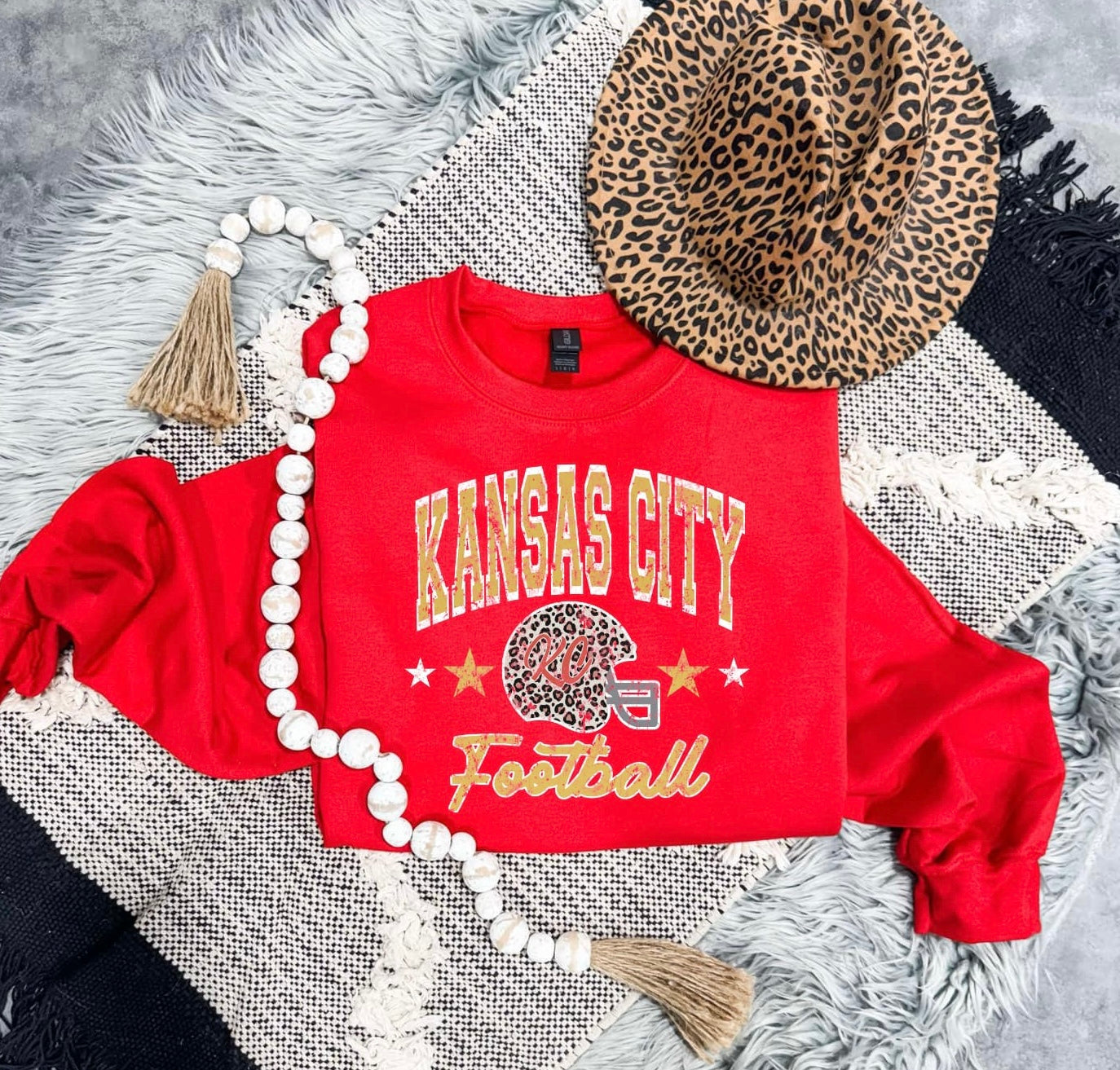 **HALFTIME DEAL** Distressed Gold Kansas City Leopard Helmet Football Red Sweatshirt