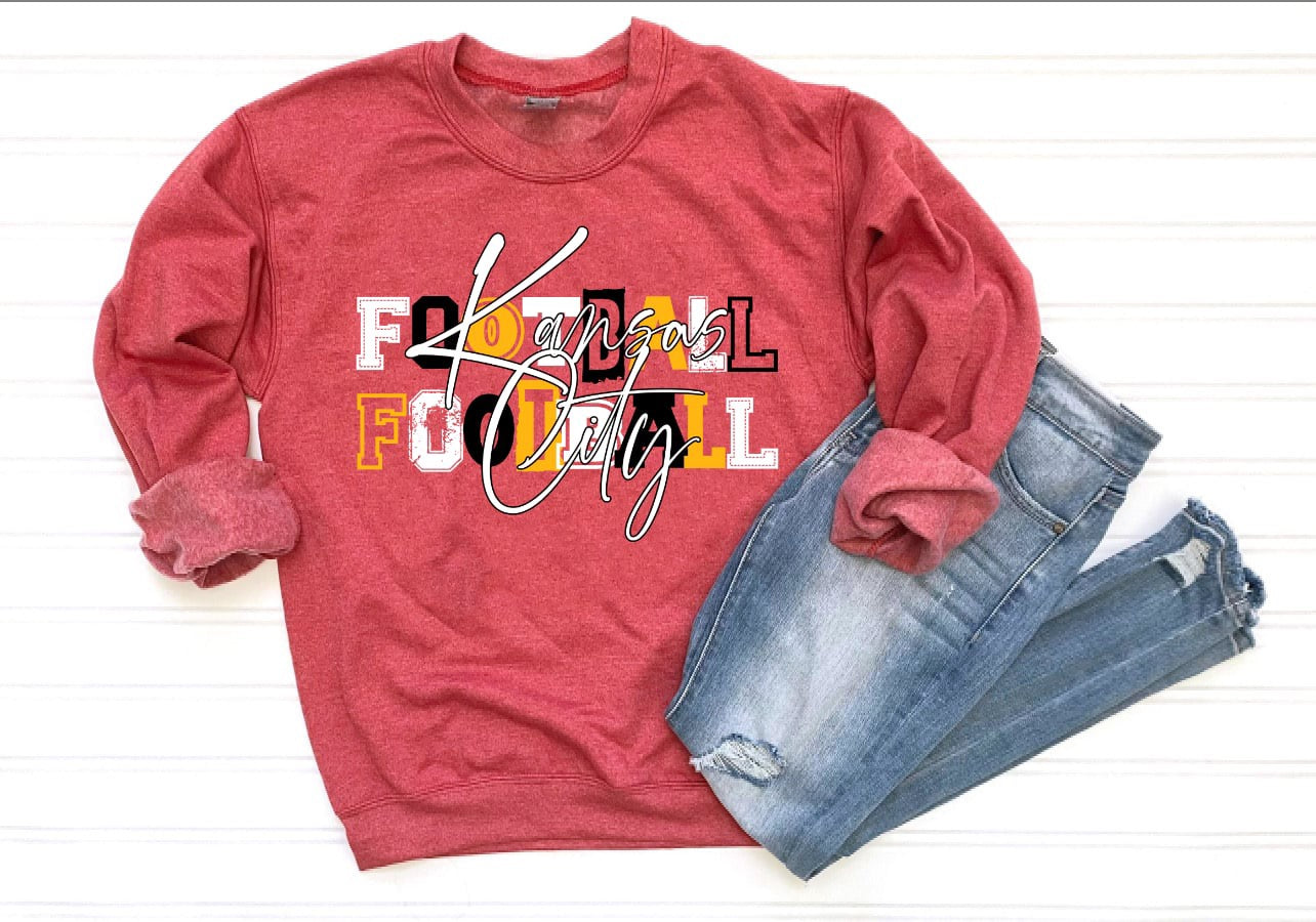 **HALFTIME DEAL** Gold & White Block Letters Kansas City Repeat Football Heather Red Sweatshirt