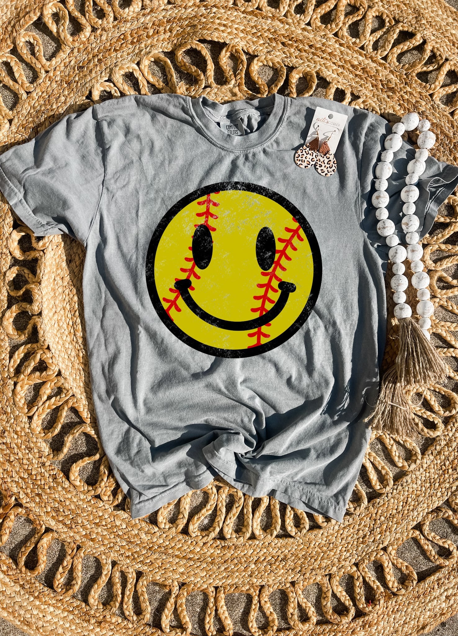 Softball Stitching Smiley Grey Tee