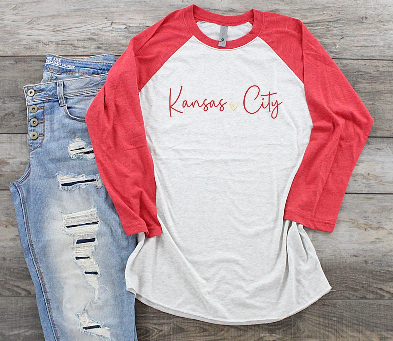 Kansas City Heart Script Red Raglan