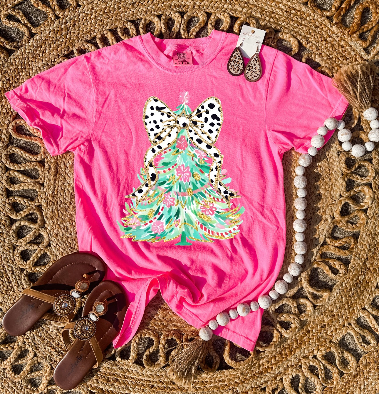 Colorful Coquette Christmas Tree Neon Pink Tee