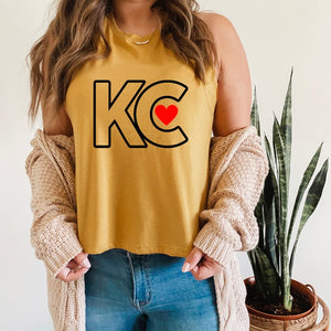 Black KC Outline Heart Women's Racerback Crop Heather Mustard