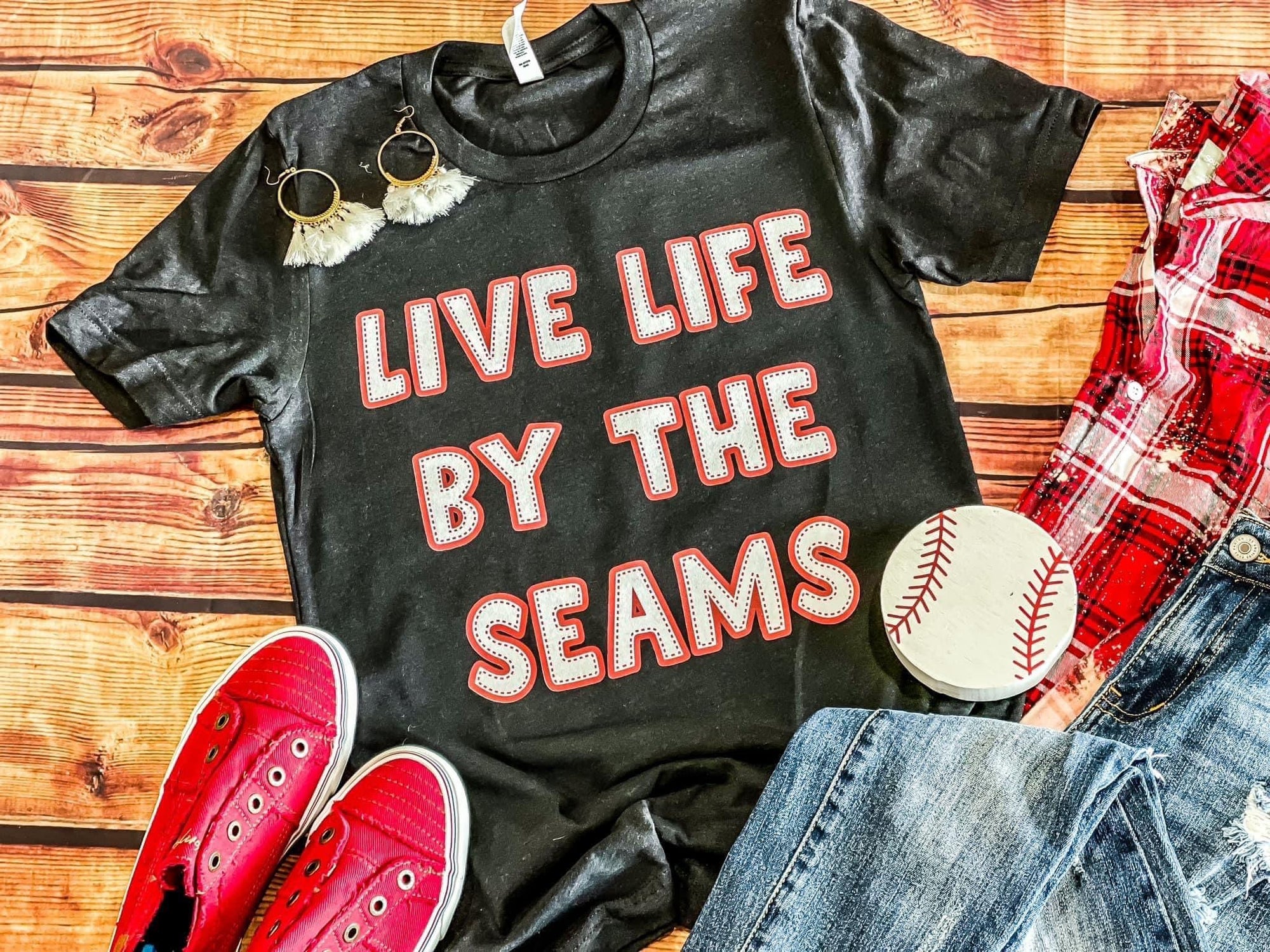 Live Life By The Seams Heather Black Tee