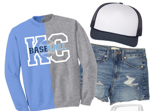 **PREORDER** White KC Baseball Stitching Sports Grey & Light Blue Split Sweatshirt