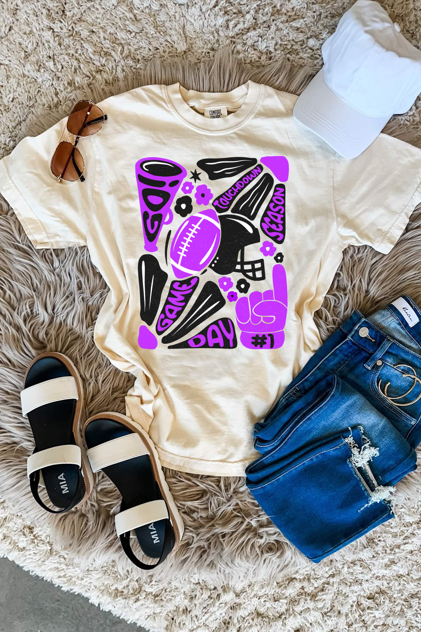 Black & Purple Game Day Football Ivory Tee