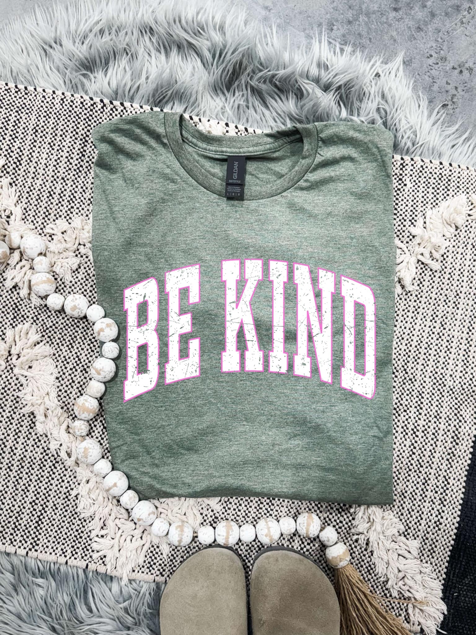 Distressed Be Kind Design Heather Military Green Tee