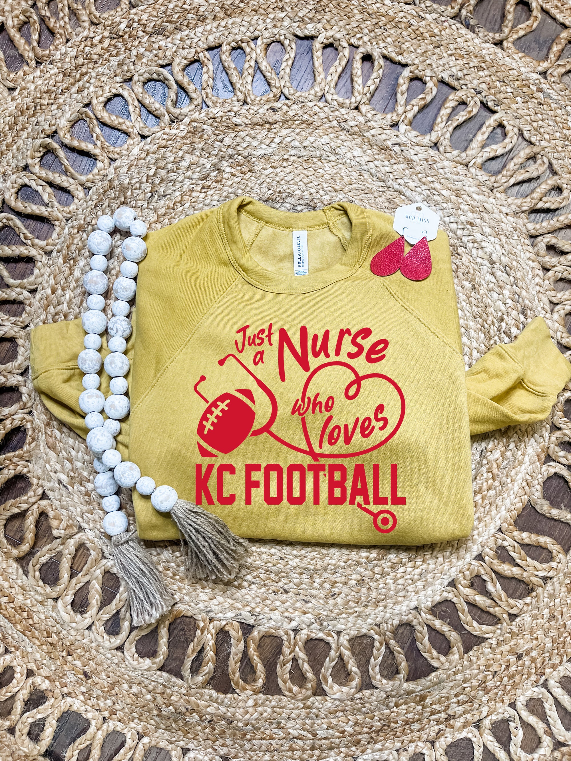 Red Just A Nurse Who Loves KC Football Mustard Sweatshirt