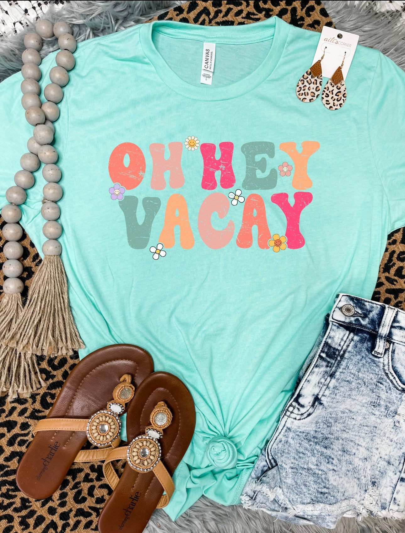 Oh Hey Vacay Flowers Heather Mint Tee