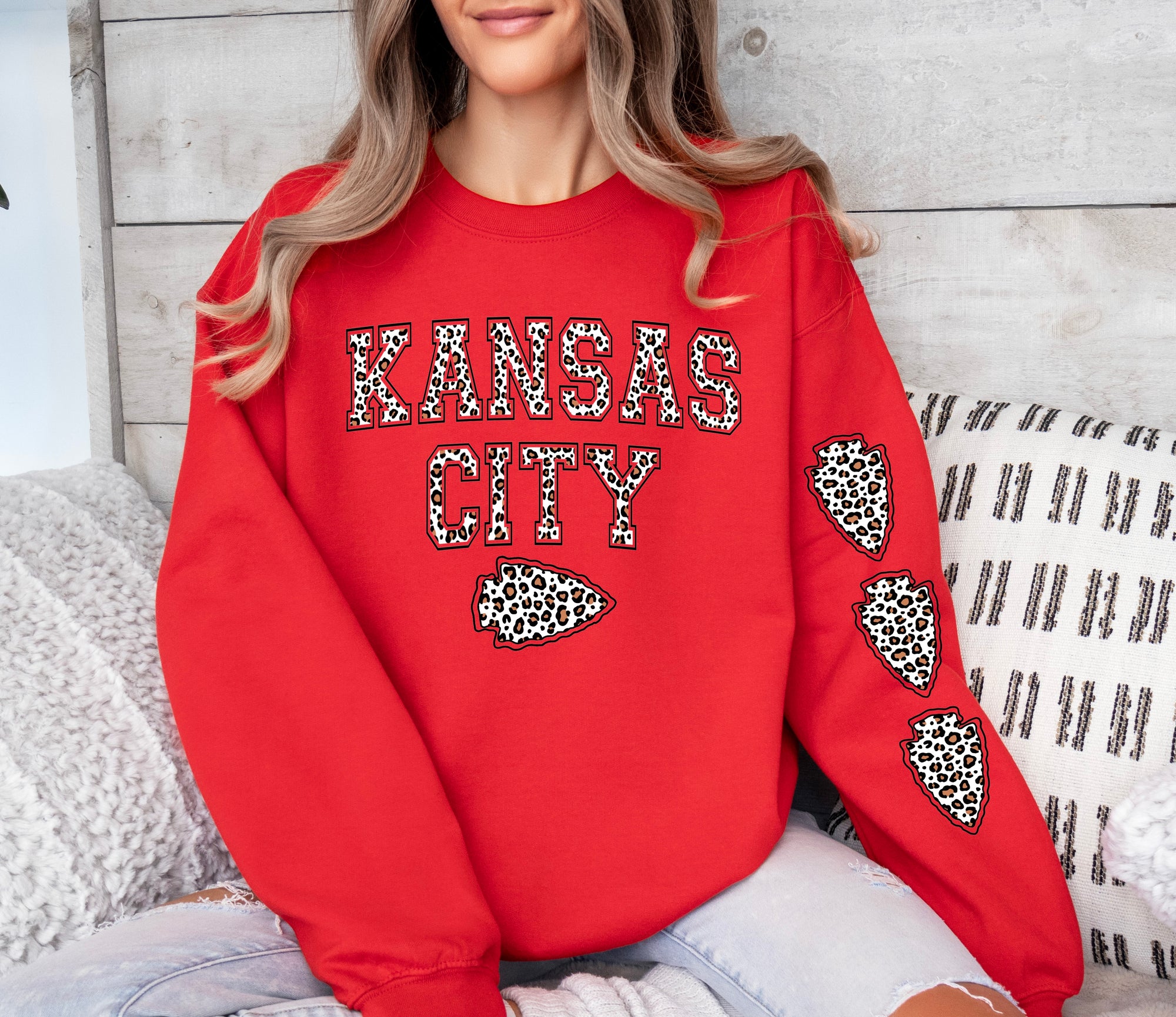 Kansas City Brown Leopard Arrowhead With Leopard Arrowhead Sleeve Red Sweatshirt