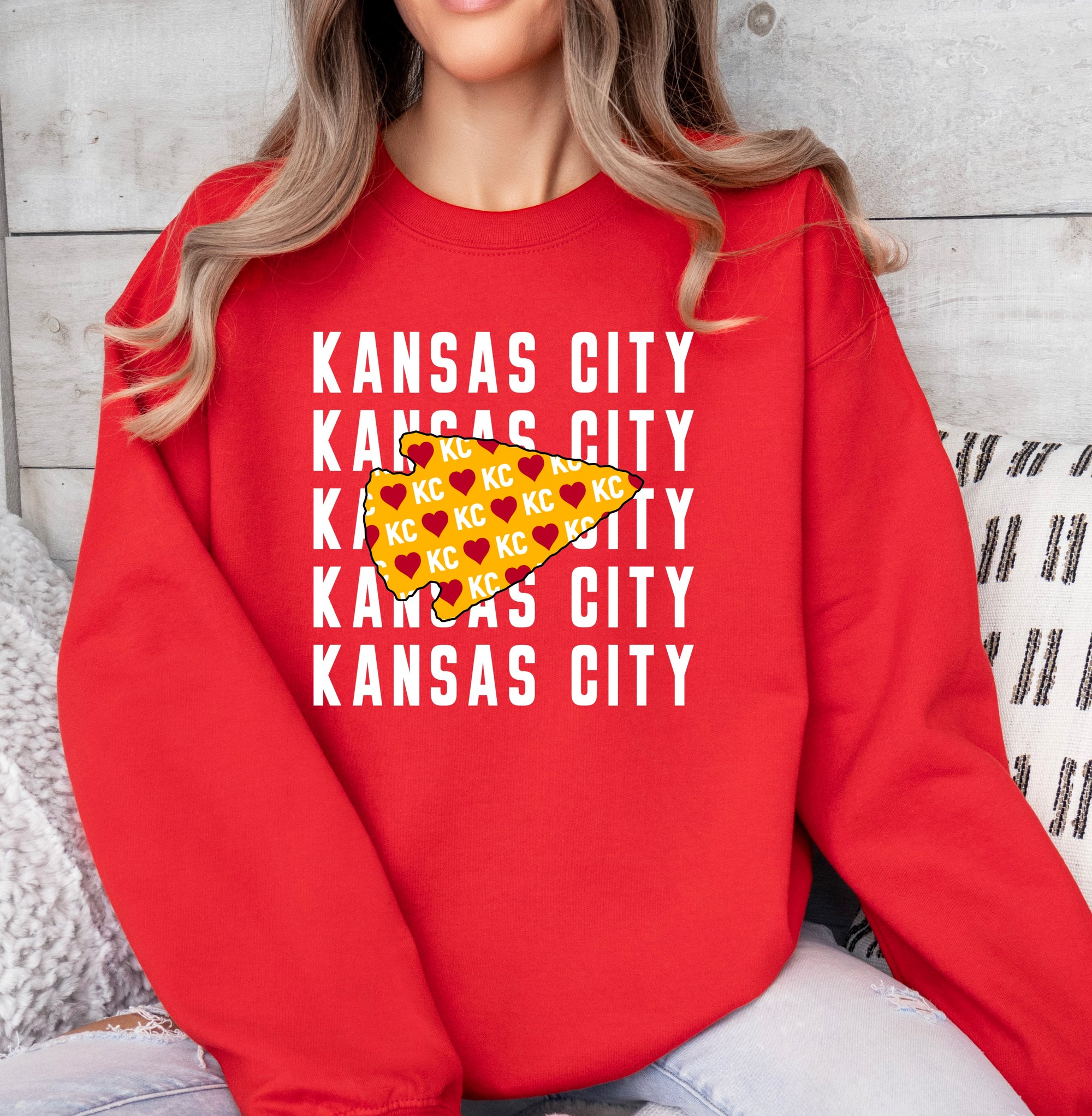 **HALFTIME DEAL** White Kansas City Repeat KC Heart Arrowhead Red Sweatshirt