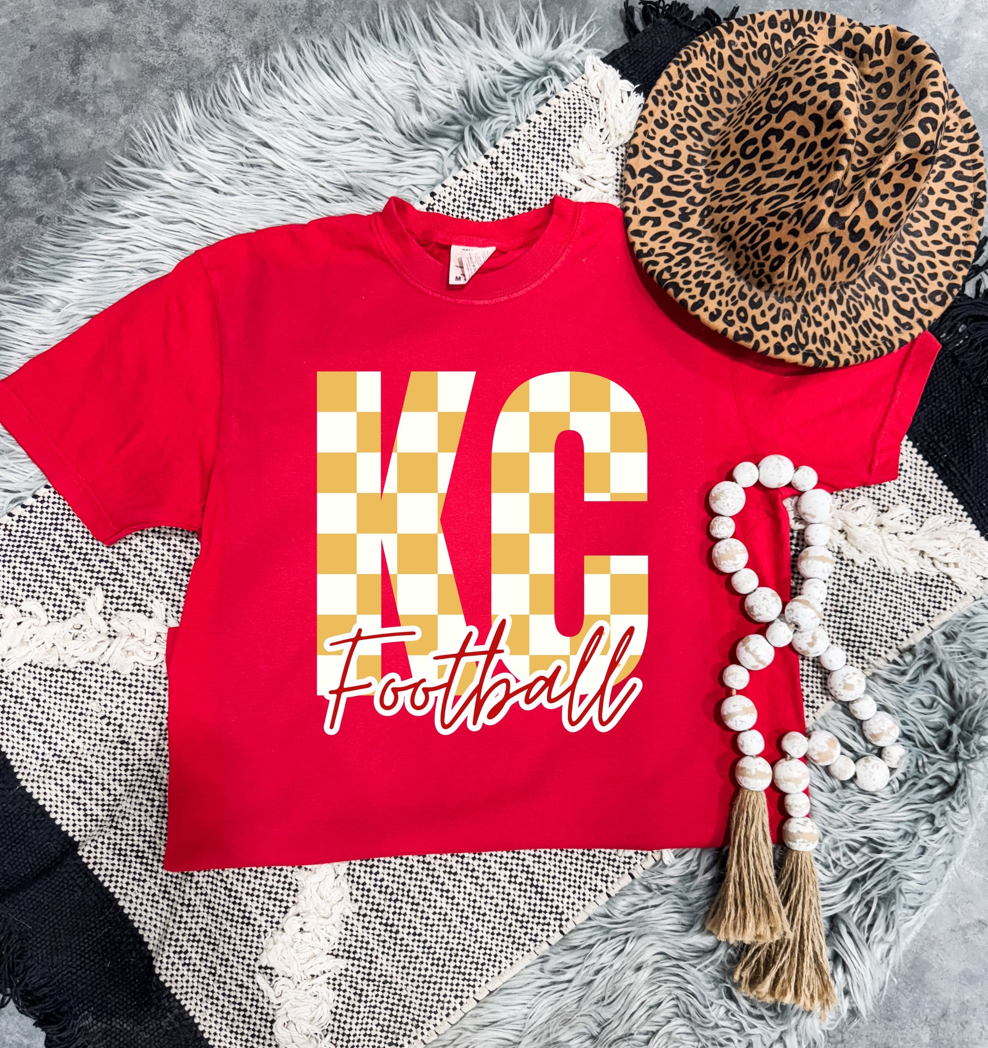 **HALFTIME DEAL** Gold & White Checkered KC Football Red Tee