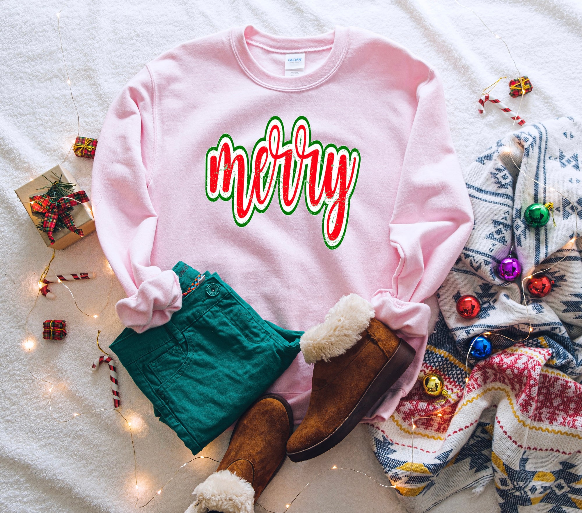 Red White & Green Merry Script Light Pink Sweatshirt