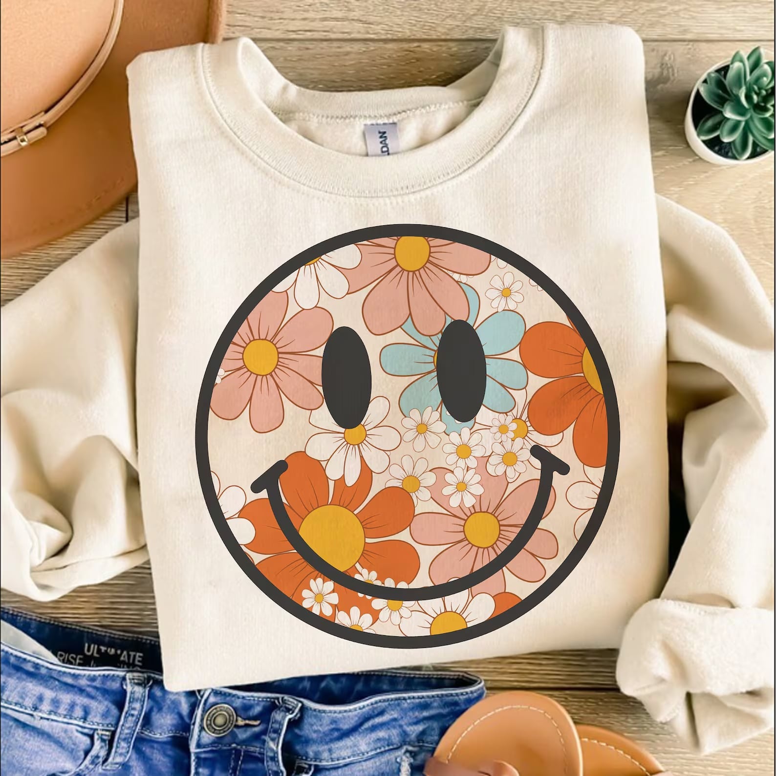 Multi Color Daisy Smiley Sand Sweatshirt