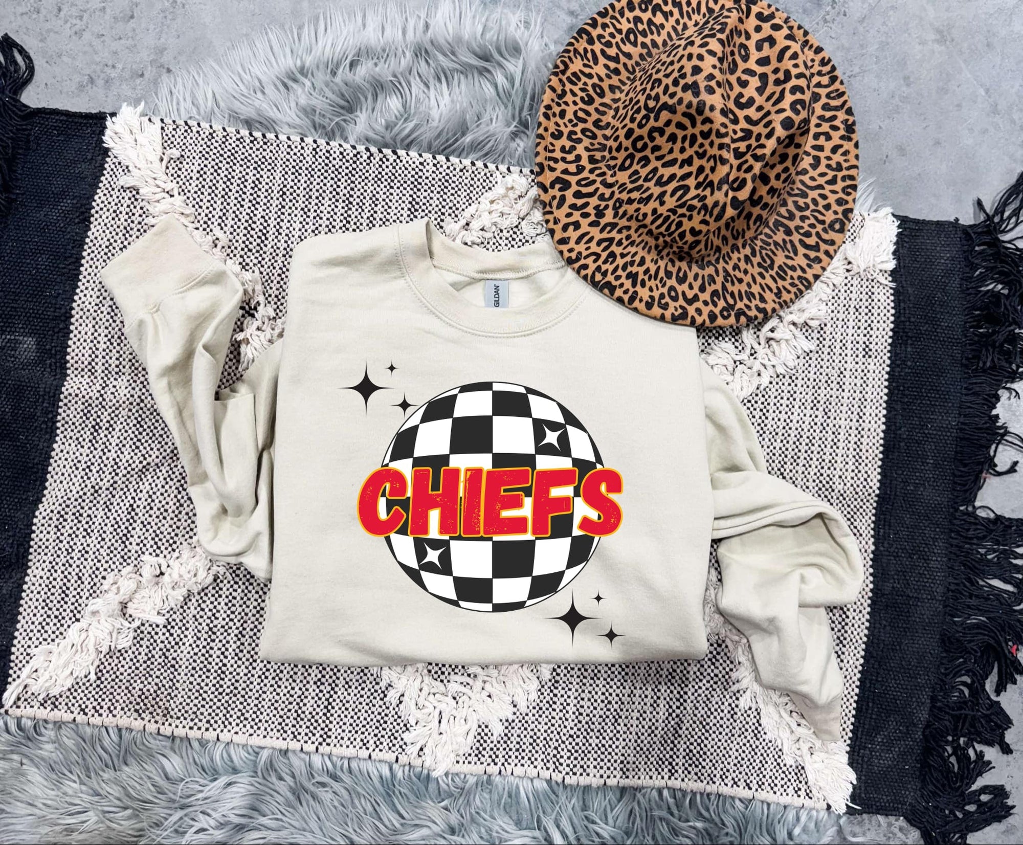 *C H I E F S* Disco Ball Checkered Sand Sweatshirt