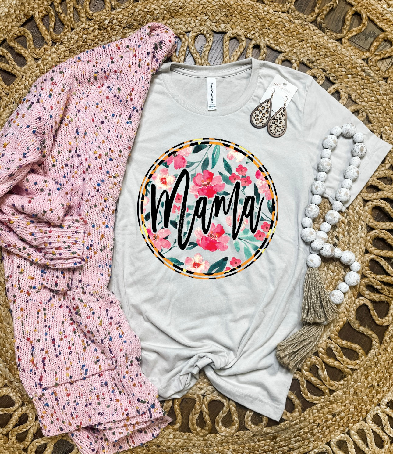 Mama Script Floral Leopard Circle Heather Dust Tee