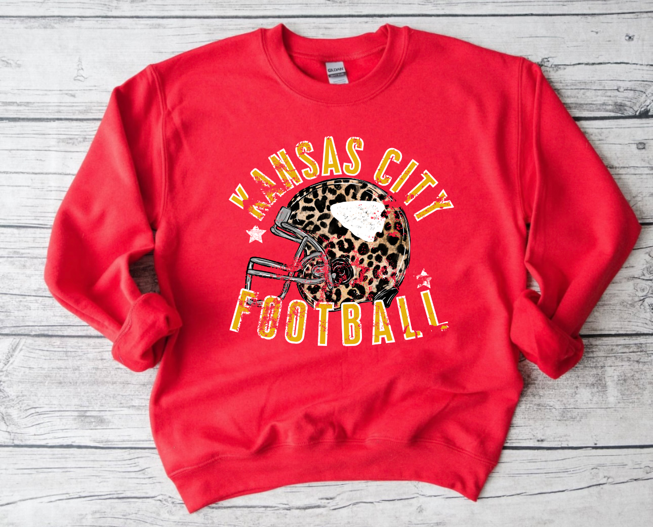 **HALFTIME DEAL** Distressed Gold Kansas City Leopard Helmet Red Sweatshirt