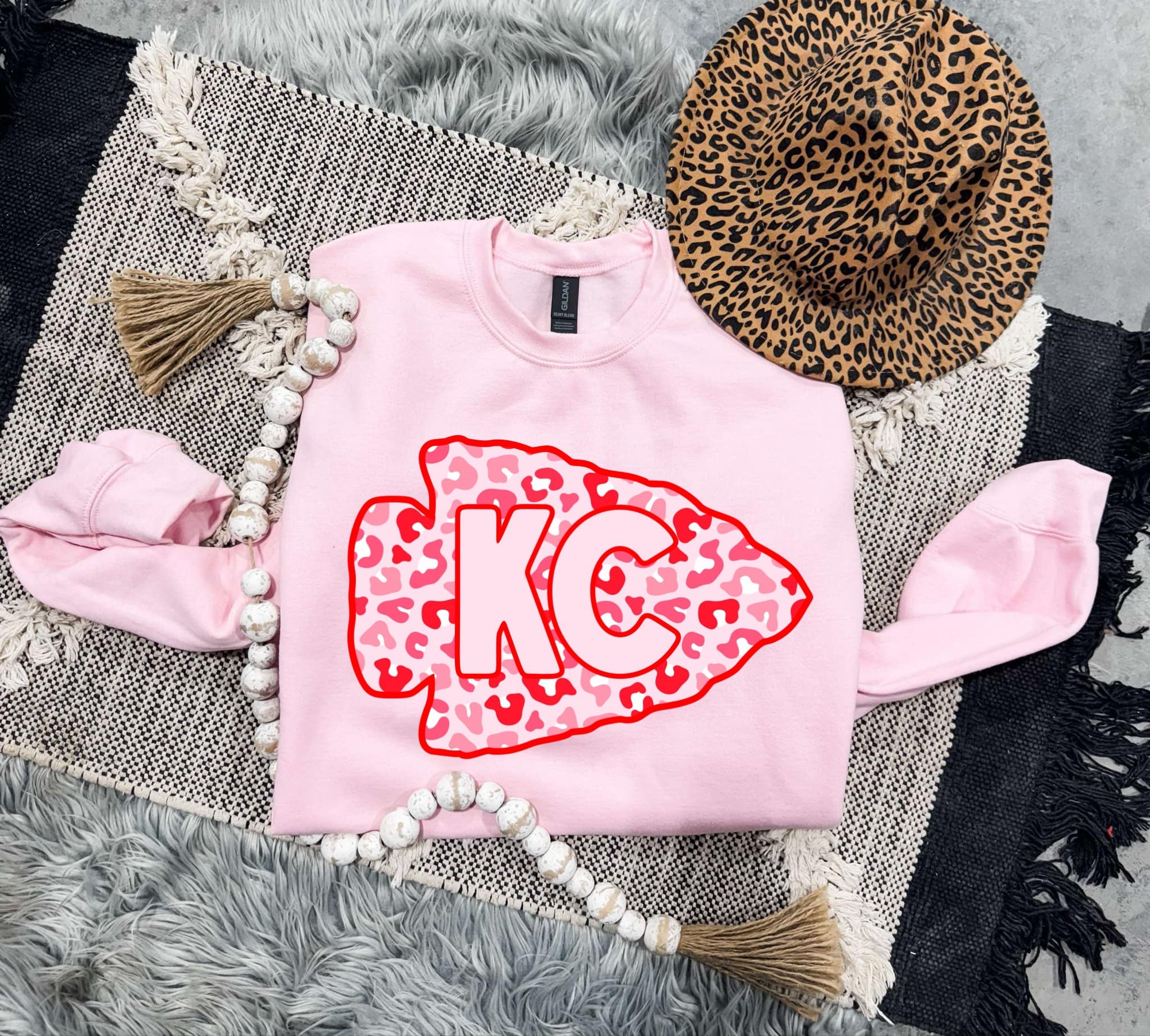 **HALFTIME DEAL** Red & Pink Leopard KC Arrowhead Light Pink Sweatshirt