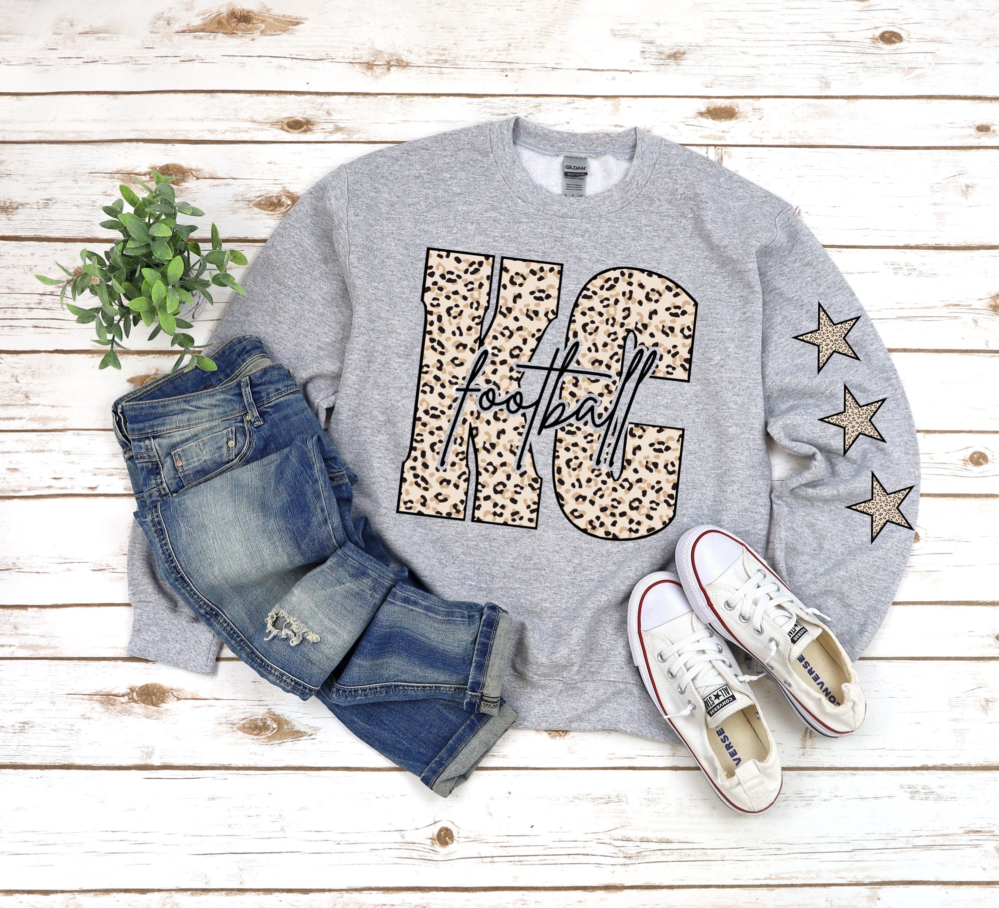 Natural Leopard KC Script Football & Leopard Stars Sleeve Sports Grey Sweatshirt