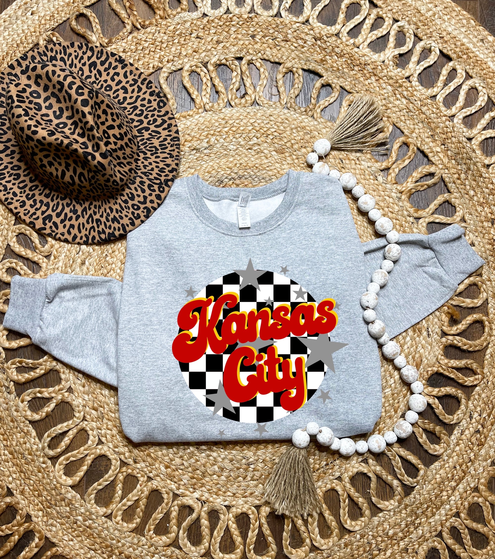 Retro Kansas City Checkered Circle & Star Sports Grey Sweatshirt