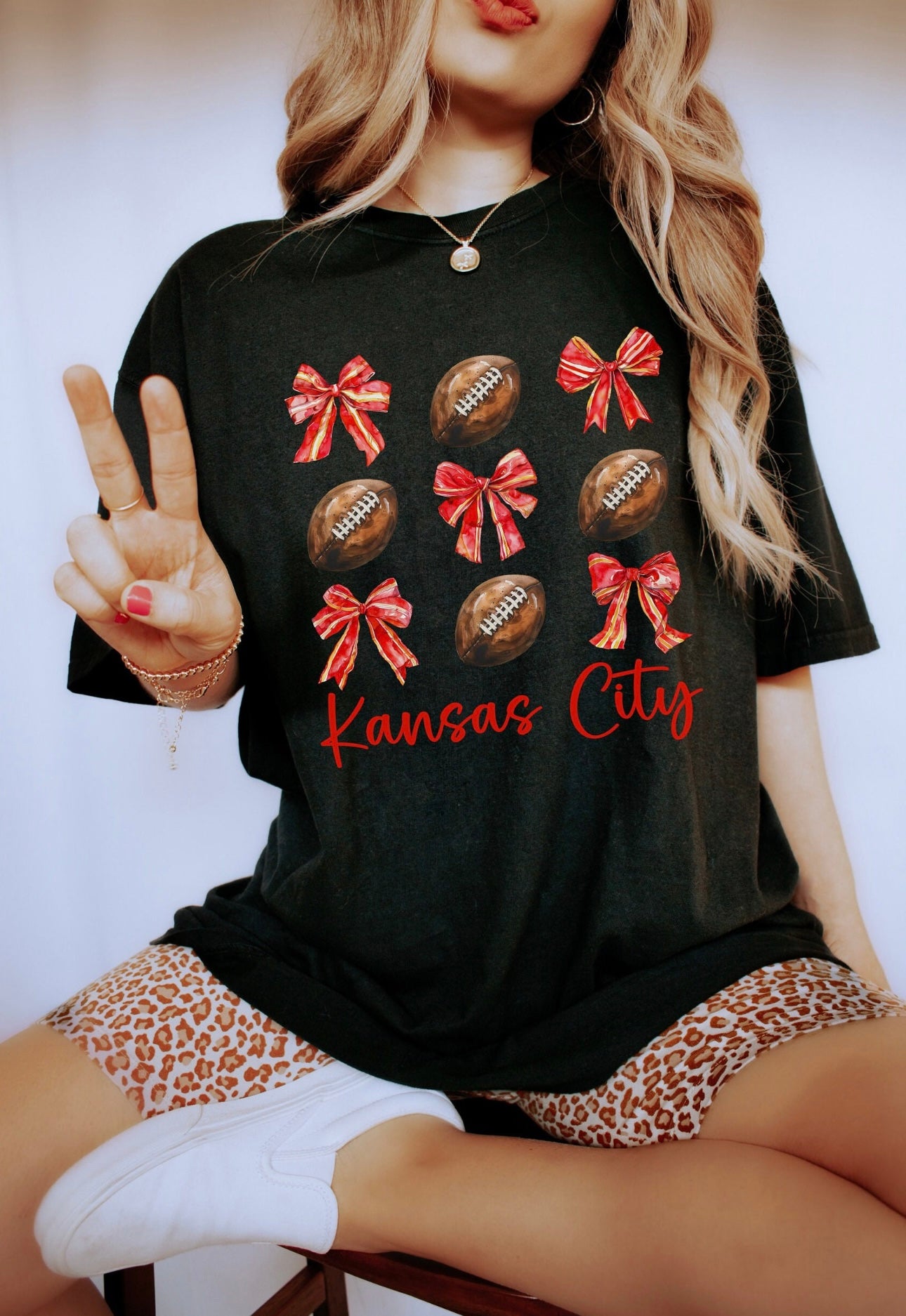 Red Bows & Football Kansas City Black Tee