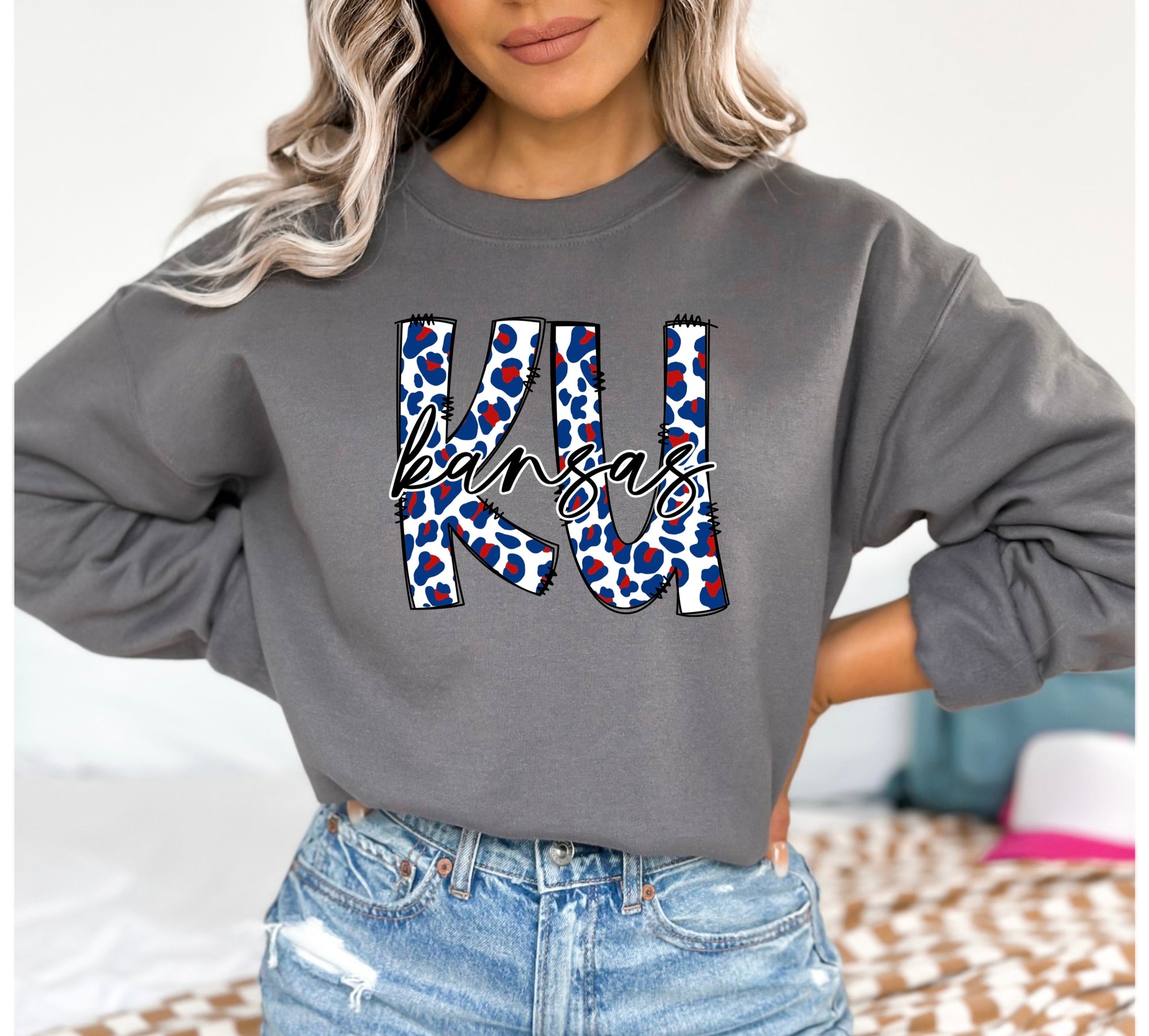 Red & Blue Leopard KU Charcoal Sweatshirt