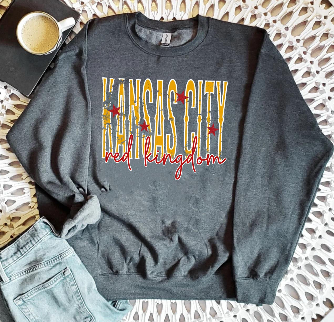 **HALFTIME DEAL** Distressed Gold Kansas City Star Red Kingdom Dark Heather Sweatshirt