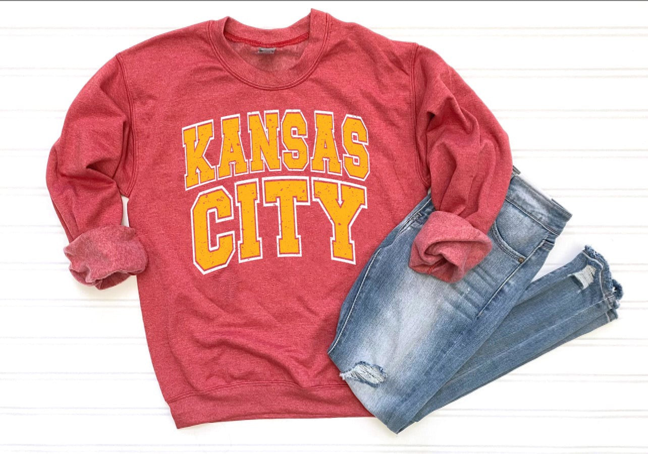 **HALFTIME DEAL** Kansas City Distressed Block Letters Heather Red Sweatshirt