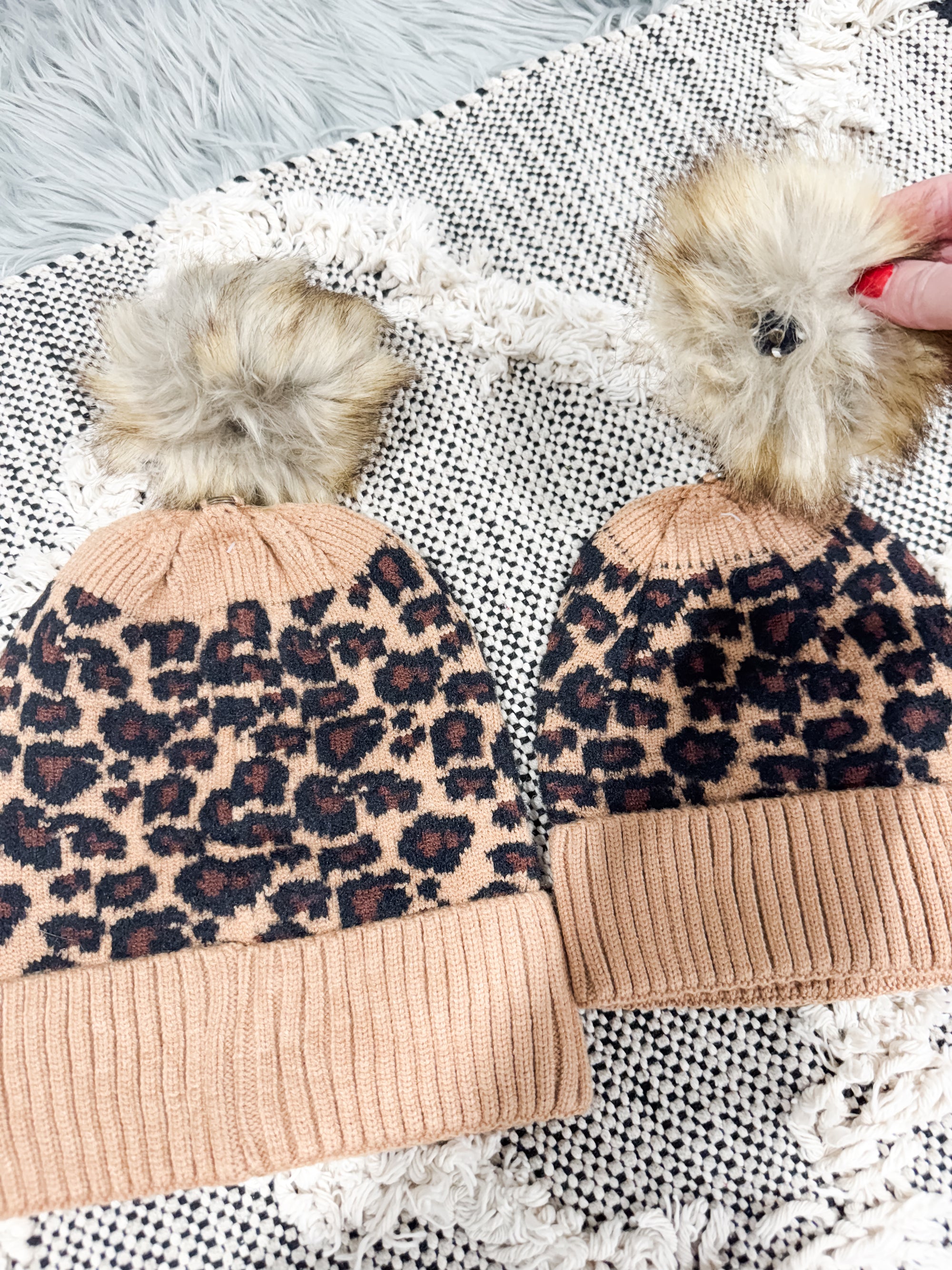 Leopard Beanies With Removeable Fur Pom Pom