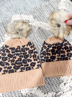 Leopard Beanies With Removeable Fur Pom Pom