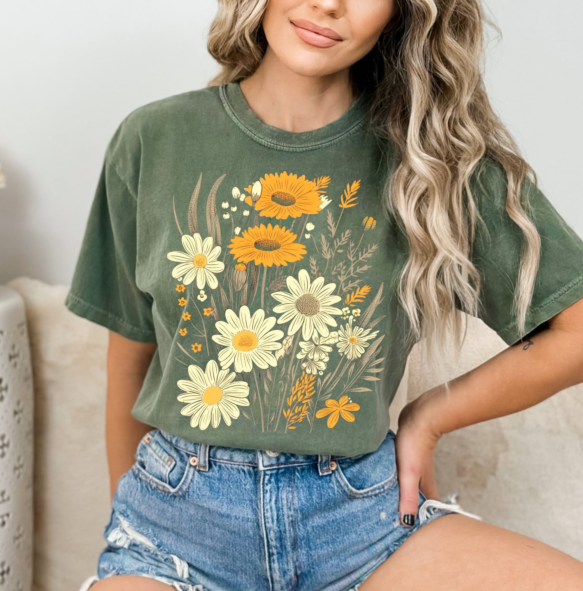 Daisy & Sunflower Steams Moss Tee