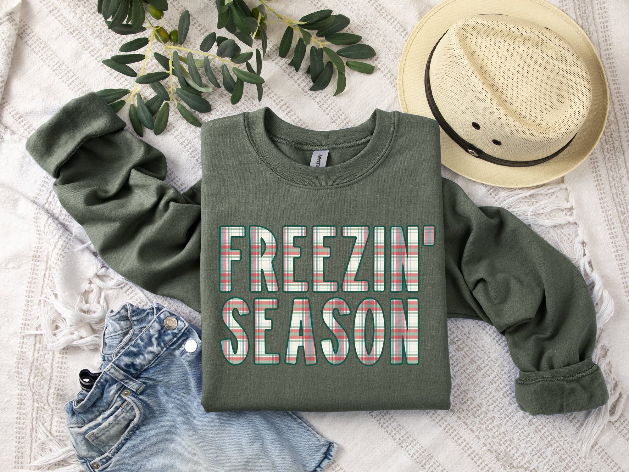 Plaid Freezin' Season Military Green Sweatshirt