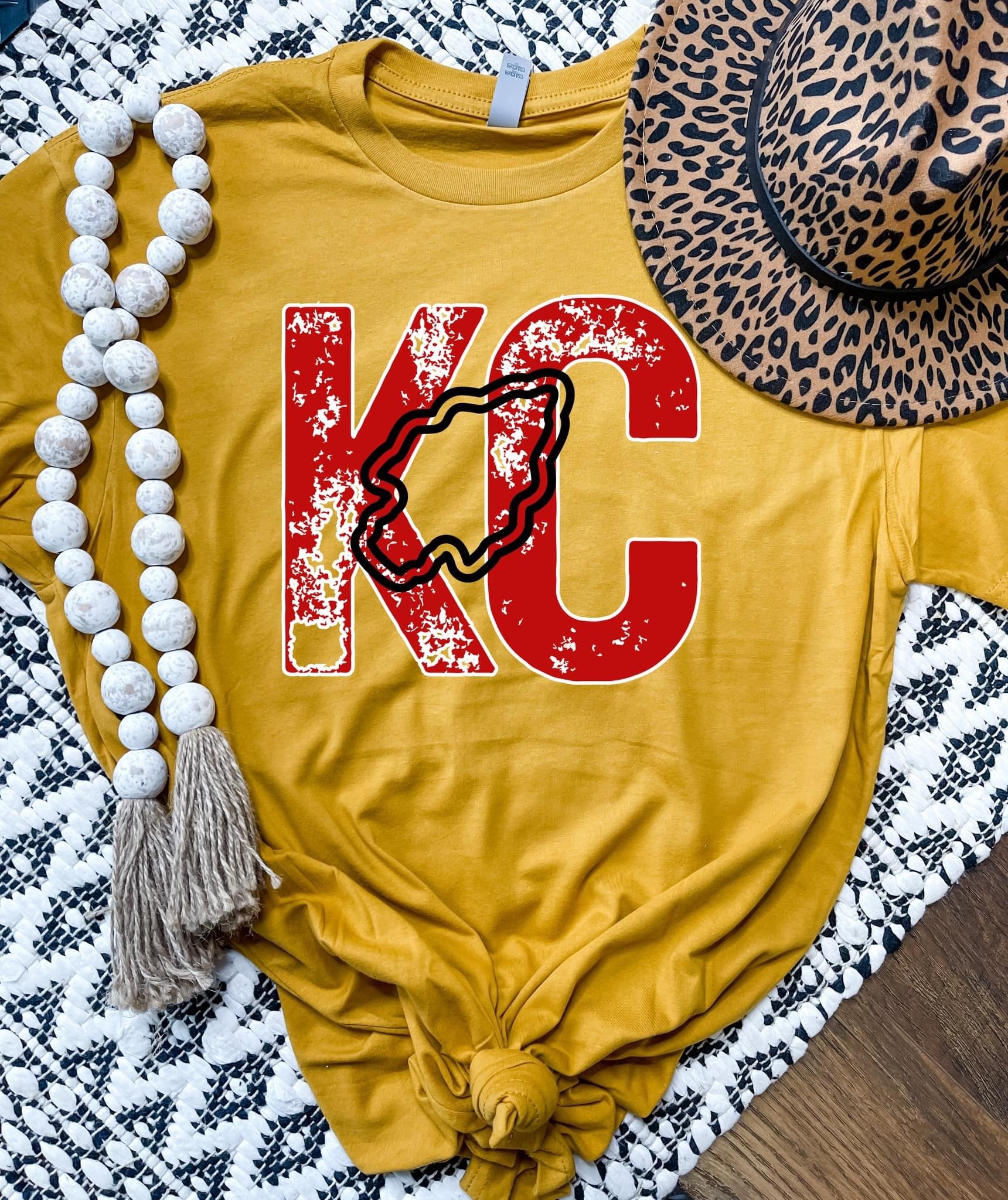 KC Distressed Retro Football Heather Mustard Tee