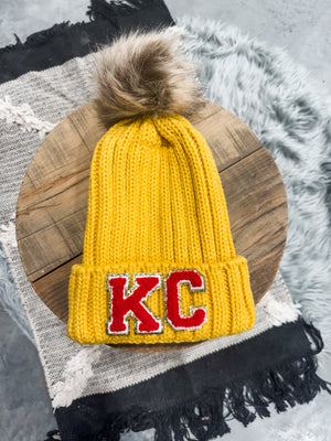 Red KC Patches Mustard Pom Pom Beanie