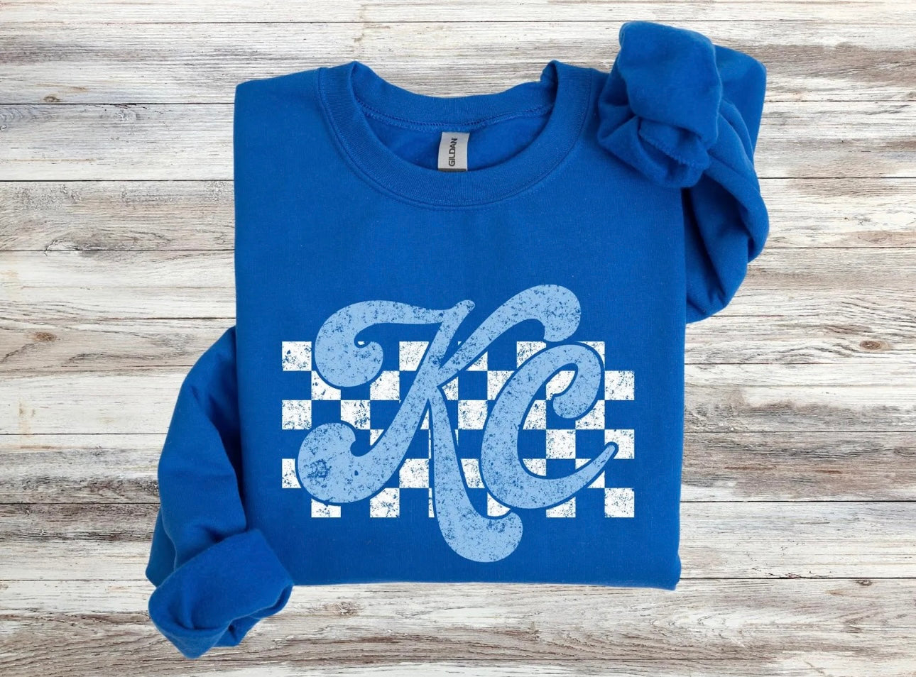 Blue & White Checkered KC Script Royal Sweatshirt