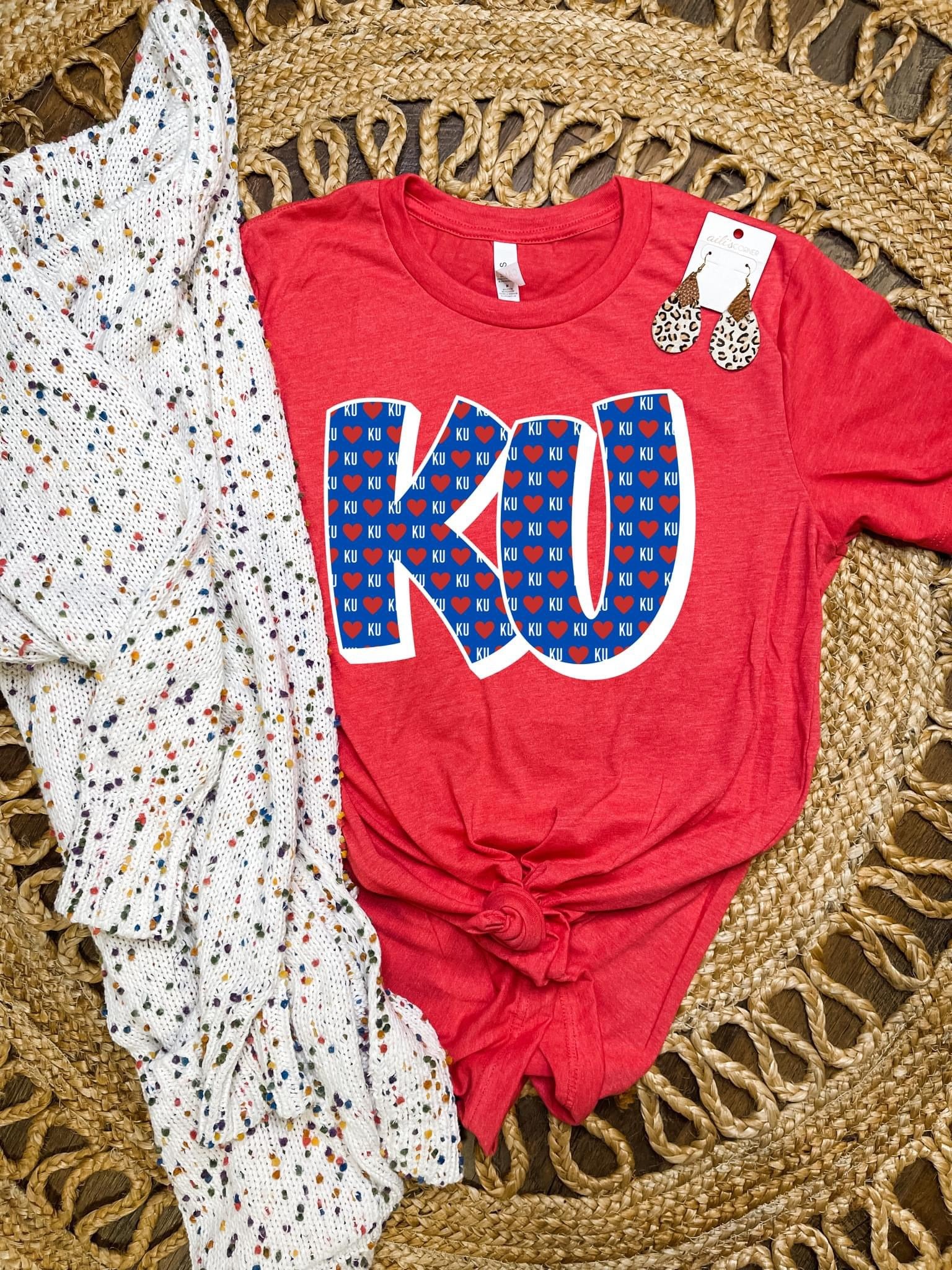 Red & Blue KU Hearts Heather Red Tee