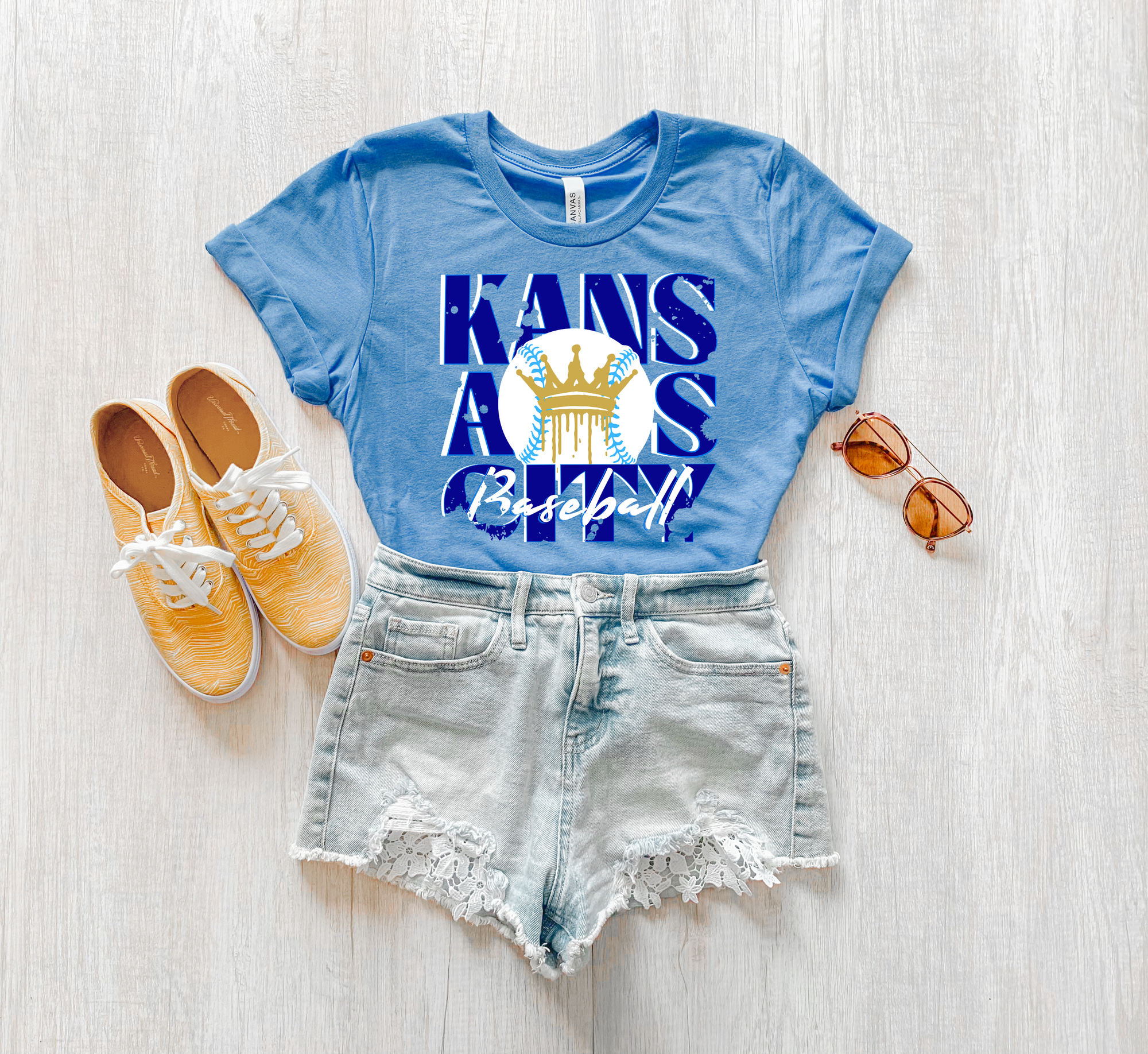 Gold Crown White Baseball Kansas City Heather Columbia Blue Tee