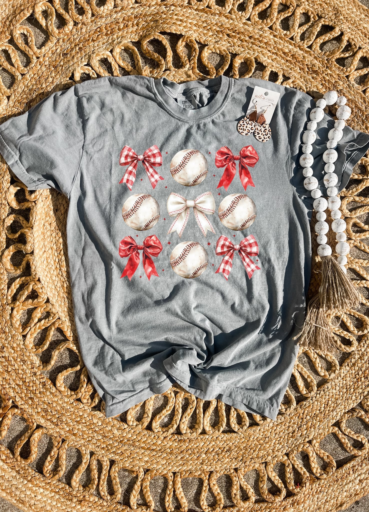 Red Bows & Baseball Collage Grey Tee