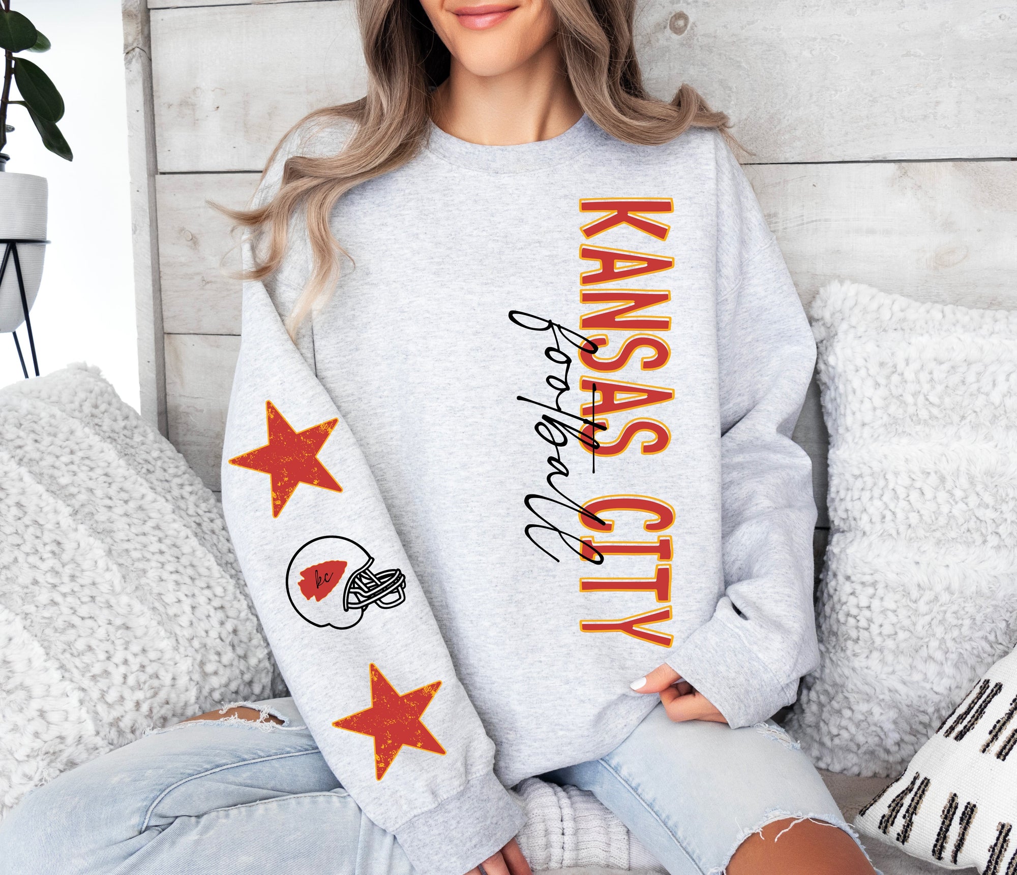 Red & Gold Vertical Kansas City Football With Sleeve Ash Sweatshirt