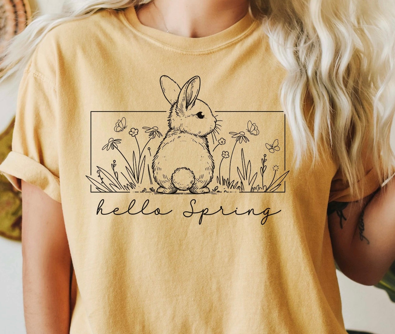 Black Ink Hello Spring Bunny Heather Mustard Tee