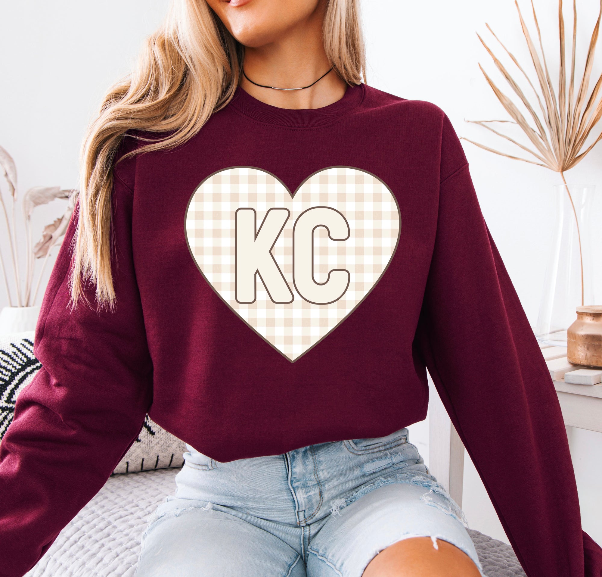 Neutral Checkered KC Heart Maroon Sweatshirt