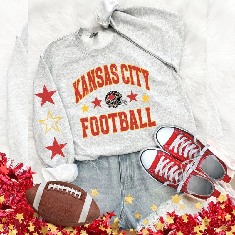 **DEAL PRICE** Red & Gold KC Football Leopard Helmet Star & Red & Gold Star Sleeve Ash Sweatshirt