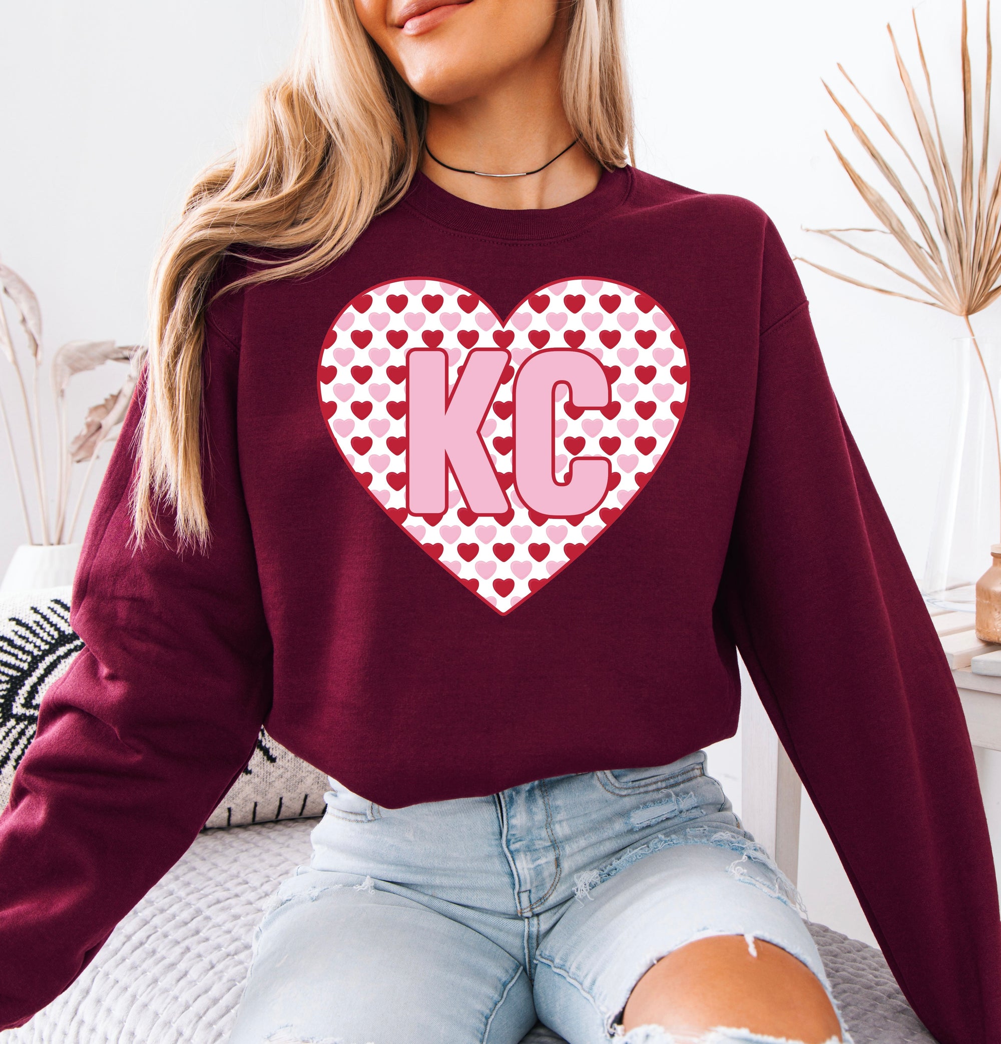 Pink & Red Hearts Bold KC Heart Maroon Sweatshirt