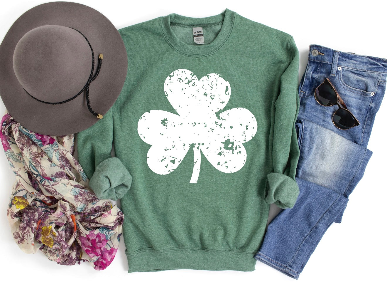 White Distressed Shamrock Heather Green Sweatshirt