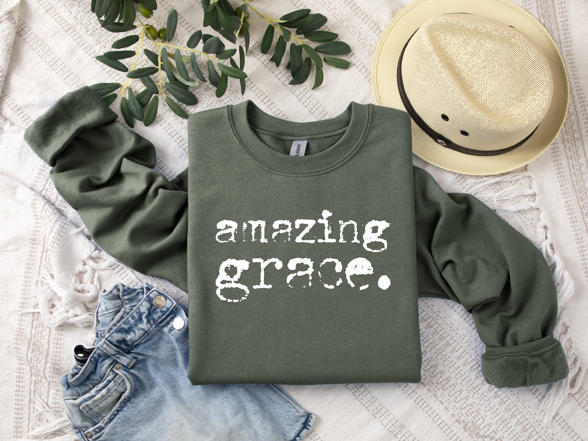 White Distressed Amazing Grace Military Green Sweatshirt